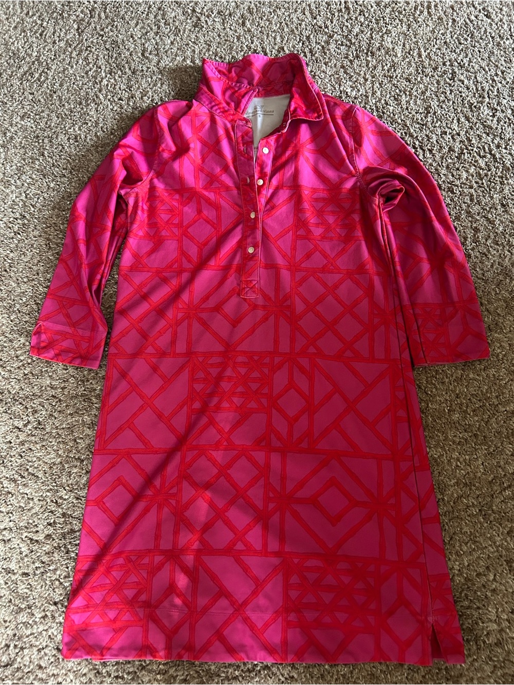 Pink Bamboo Vineyard Vines Performance Sankaty 3/4 Sleeve Dress- Small